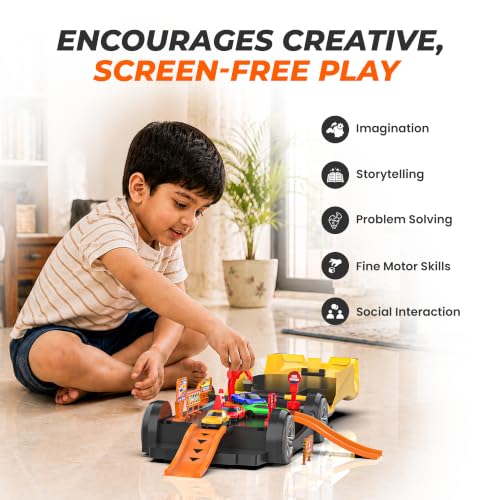 Image of Mirana Car-in-Car Garage Toy for Kids | 4 Diecast Metal Alloy Cars Playset | Foldable Storage with Handle | Store Upto 16 Vehicles | Birthday, Diwali, Return Gift for Boys & Girls 18+ Months (Yellow)