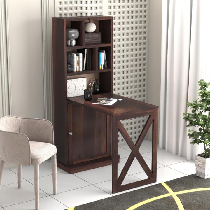 Image of SUNCOM Sheesham Wood Study Desk with Bookself & Storage Cabinet - Wooden Study Table with Cupboard - Study Table for Students Wooden (Walnut Finish-B)