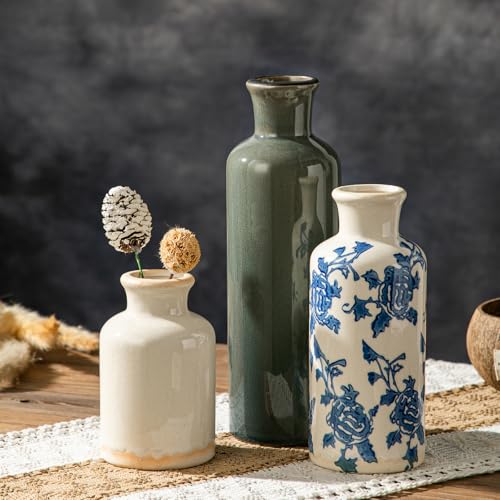 Rustic Ceramic Vase Set of 3, Farmhouse Decorative Flower Vases for Home Decor, Living Room Kitchen Bathroom Table Centerpieces, Shelf, Mantel and Entrance Decorations
