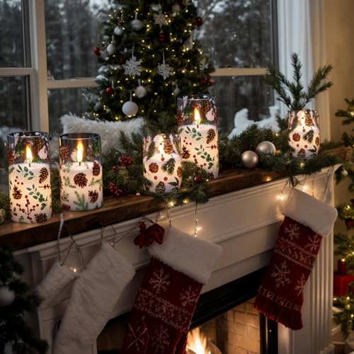 Image of GenSwin Christmas Flameless Candles Battery Operated with Pinecone Decals, 3 Pcs Glass Flameless Candles with Remote Timer and 3D Flickering Flame for Christmas Holiday Decor(Set of 3, D3 inch x 4 inch5 inch6 inch)