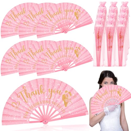 Vercraft 12 Sets Large Wedding Glitter Foldable Fans Bulk Wedding Festival Handheld Fans with Organza Bag Thanks for Celebrating with Us Favors for Guests Bridal Shower Wedding Dancing Party(Pink)