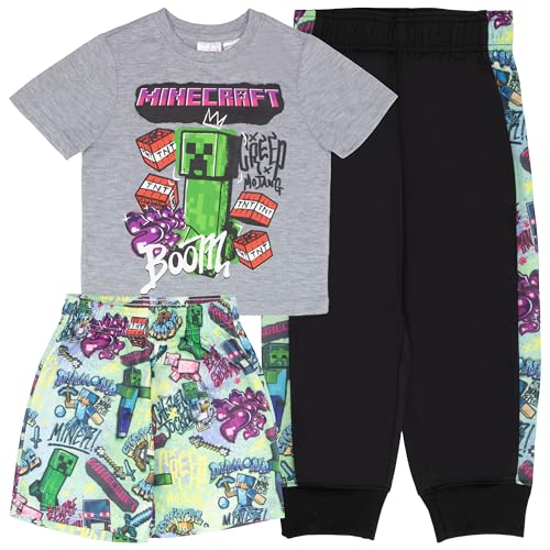 Minecraft Graffiti Boys 3-Piece Set - Short Sleeve T-Shirt Shorts & Jogger Pants 3-Pack Bundle Set for Boys (Size 8 Grey/Green/Black)