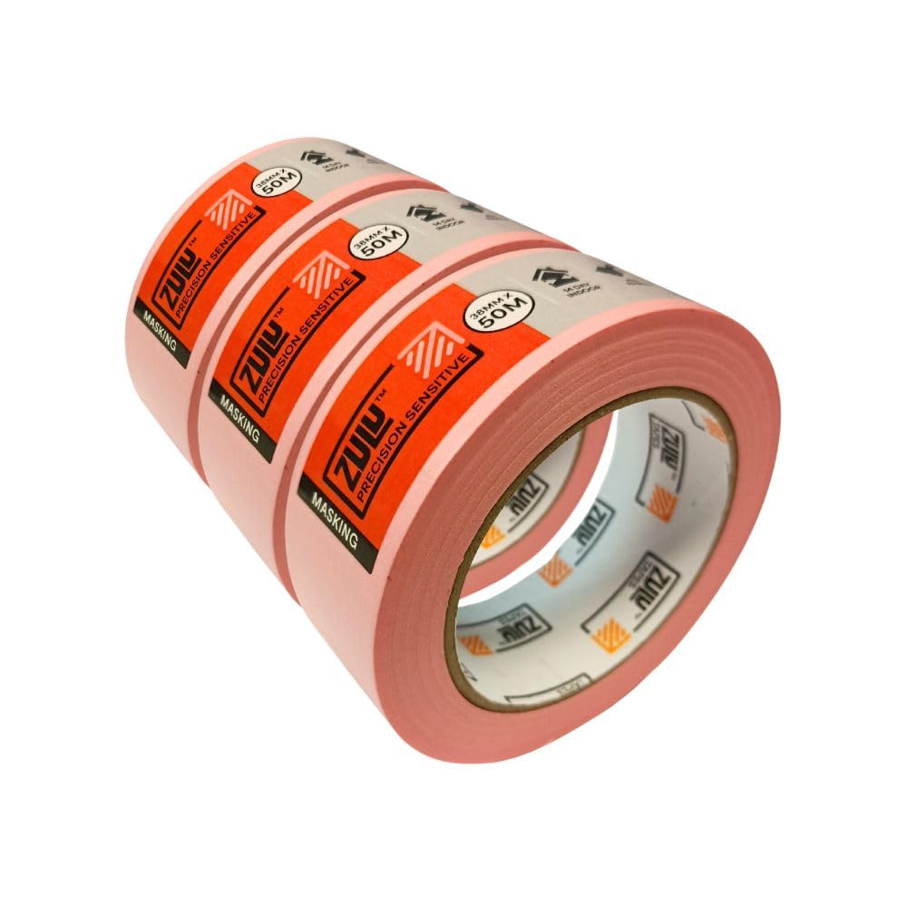 Zulu Precision Sensitive Indoor Pink Painters Masking Tape 38mm x 50m - Multi Surface Low Tack Clean Edges for All Paints - DIY, Painting, Decorating with up to 14 days Removal | (3 Pack)