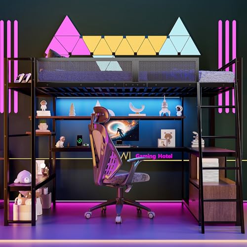 Gelukueub Cama alta de metal para videojuegos (140 x 200 cm) con espacio de trabajo integrado, iluminación LED y mucho espacio de almacenamiento (negro)