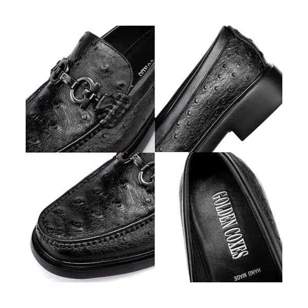 Luxury Men's Genuine Leather Dress Shoes Classic Fashion Ostrich Patterned Business Shoes Party Buckle Penny Loafer for Men, Black - Image 4