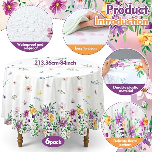 Image of Ganeen 6 Pcs Spring Wildflower Plastic Tablecloth 84 Inch Spring Round Tablecloths Floral Theme Birthday Decor Disposable Plastic Waterproof Table Covers for Holiday Wedding Decoration Party Favor