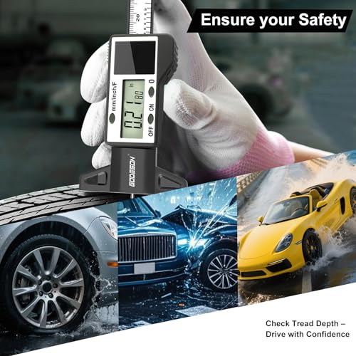 Image of GODESON Digital Tire Tread Depth Gauge -Reads 32NDS, Inch & MM /Solar /Battery Hybrid Power /1 inch (25.4mm) Range /Accurate Tire Thread Depth Gauge Tool Suitable for Cars, Trucks, Motorcycles