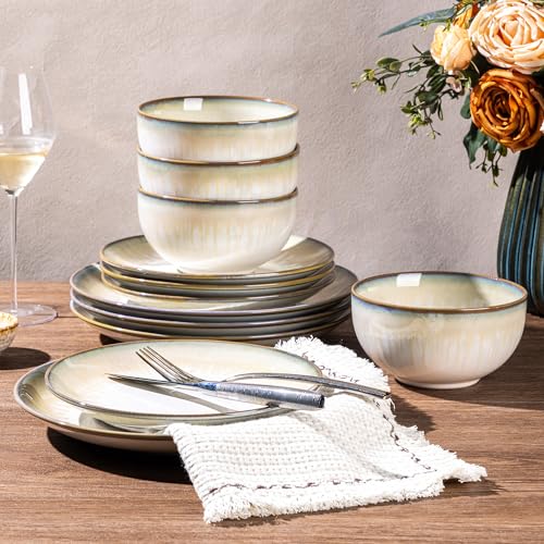 Image of LERATIO Ceramic Dinnerware Sets for 4,Reactive Glaze Plates and Bowls Set with Mugs, Dishwasher,Microwave & Oven Safe Dishes set-Sage Ivory