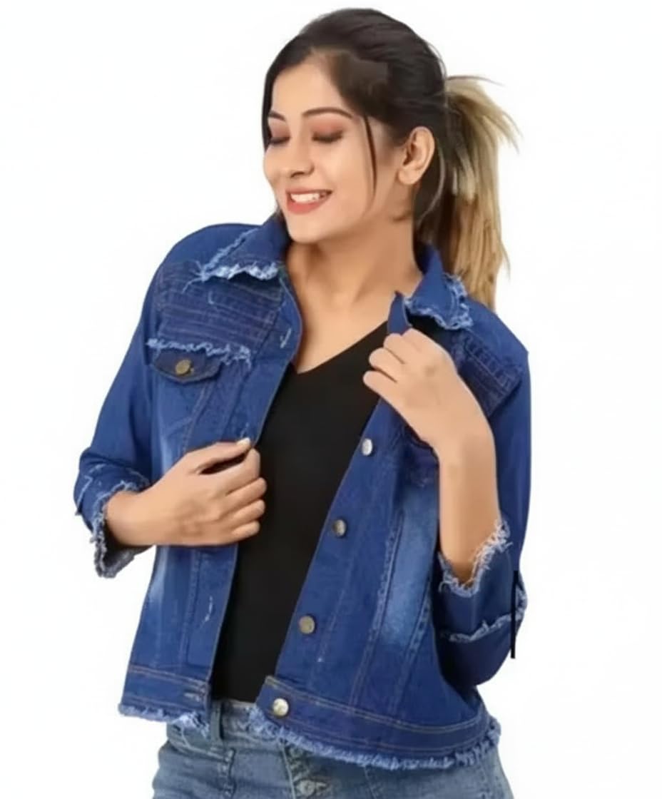 Women Denim Jacket Casual Blue Jeans Jacket for Women, Full Sleeve Button Front Denim Jacket