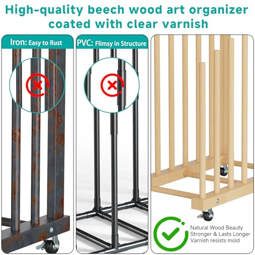 Image of Art Storage Rack with Handle, Art Drying Painting Rack with Caster Wheels, Beech Wooden Art Canvas Storage for Canvas Boards, Panel, Frame for Art Studios, Artworks, Gallery