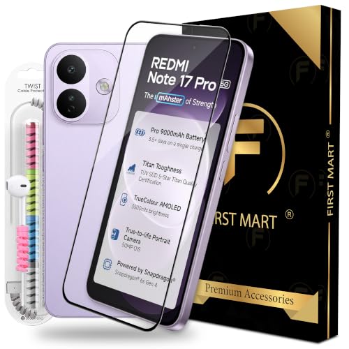 Image of FIRST MART Tempered Glass for Redmi Note 17 Pro, 9H 0.3 mm Full-Glue Screen Protector with Cable Protector, 3D Edge-to-Edge, HD Clear, Case-Friendly, Black, Pack of 1