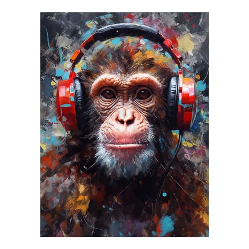 Peinture diamant Singe avec casque audio 30x40cm - Broderie diamant adulte et canevas strass