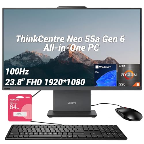Image of Lenovo ThinkCentre Neo 55a Gen 6 Business All-in-One, 23.8 inch FHD IPS 100Hz, AMD Ryzen 5 220 Up to 4.9 GHz, 16GB DDR5, 512GB SSD, Wired KB & Mouse, HDMI, 5MP Webcam, Wi-Fi 6, Windows 11 Pro, w /Bundle