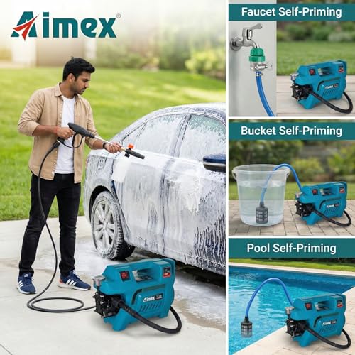 Image of Aimex D7 Plus 2200W High Pressure Car Washer, 150 Bar, 100% Pure Copper Motor, 10L /Min High Water Flow, 10 Meter Hose Pipe, Foam Cannon, Portable Pressure Washer for Car, Bike, Garden & Home Cleaning