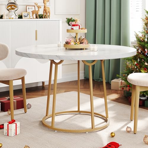ONBRILL Round Dining Table, 47.24 Inch, Wooden Faux Marble with Gold Base, Circle Modern Small Table for Home Dining Room, Kitchen, Restaurant (White)