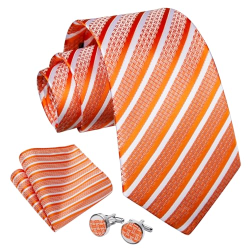 Image of Enlision Mens Ties Stripe Tie and Pocket Square Set Classic Formal Woven Neckties Handkerchief Cufflinks Wedding