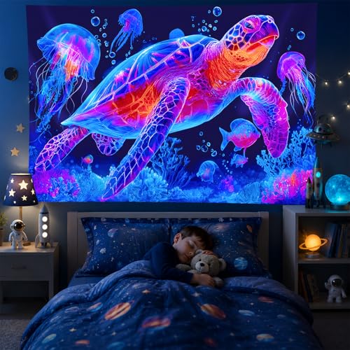 Image of BlissYard Neon Turtle Ocean Black Light Tapestry UV Reactive Psychedelic Sea Life Wall Hanging for Living Room Bedroom Dorm Room Bar Party Decor 78x59 Inch