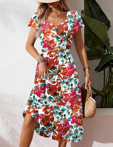 Image of Zeagoo Women Dresses Summer Flutter Sleeve Sleeve V-Neck Button Front Beach Sundress