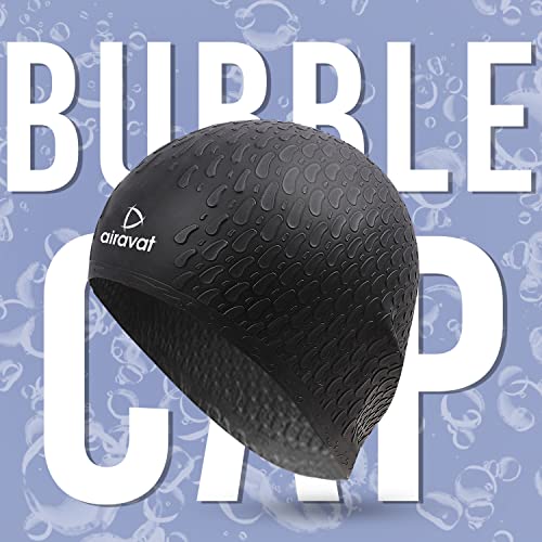 Image of Airavat Swim Bubble Cap, Silicone Swim Cap, Comfortable Bathing Cap Ideal for Curly Short Medium Long Hair, Swimming Cap for Women and Men (Black)