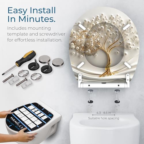 Image of Sanilo Wooden Toilet Seat with Quick Release & Soft Close [ROUND] - Decorative & Slow Close Molded Wood Seat - With One Click for Easy Installation & Cleaning - With Adjustable Fit (Tree of Life)