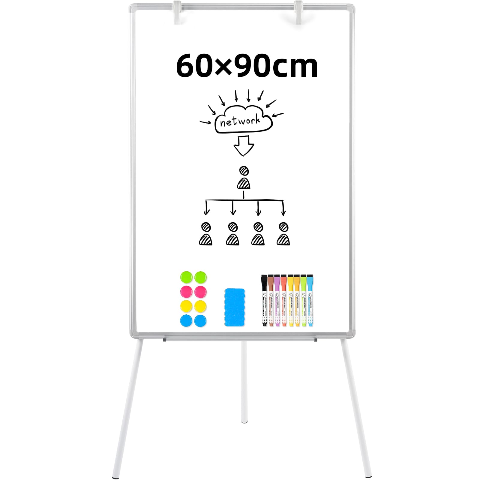 DOLLAR BOSS Supporto per lavagna a fogli mobili 90x60cm, lavagna bianca con supporto, lavagna bianca magnetica, regolabile in altezza, telaio in alluminio