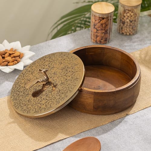Image of Wooden Casserole with Peacock Handle | Floral Engraved Hot Case Chapati Box for Fresh & Warm Roti | Multipurpose Roti Box, Snack & Dry Fruit Storage | Luxury Kitchen Decor