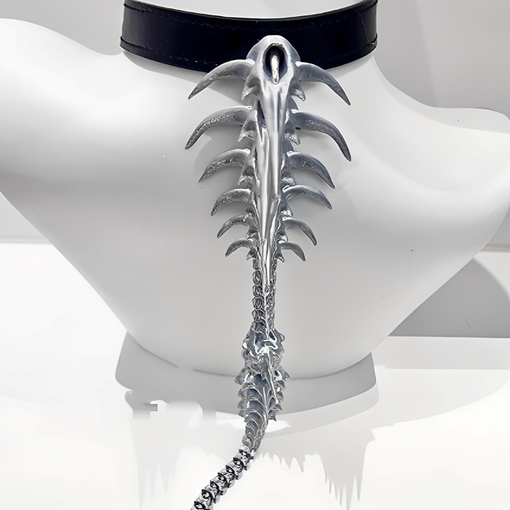 Gothic Wirbel Rückenkette 3D-Druck Schwarzes Lederhalsband Halloween Kostümparty Anime Cosplay Subkultur Accessoires,Silver Gray