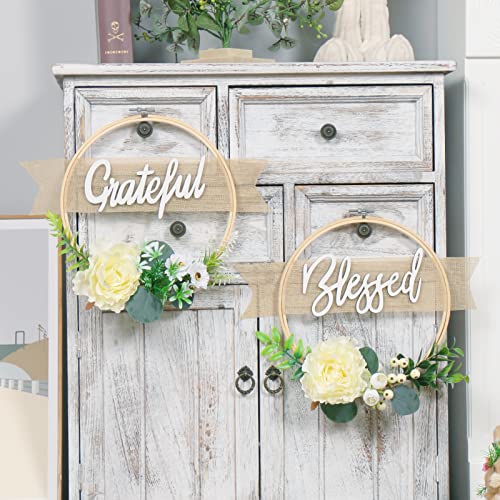Rosecraft 2Pcs Blessed/Grateful Sign Wall Hanging Decor Include Artificial Green Plant/Fake Flower For Spring/Summer Boho Style Bedroom Home/House Living Room Aesthetic Decor Mother Day/Grandma Gifts #TOP5