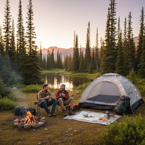 Green lion GT-3 Camping Tent, 3-4 People Capacity, Ventilated Mesh, Windproof Rop, Large Space, UV Protection, Waterproof, 210D Oxford Fly, 2 Doors, Wind Resistance - Biege