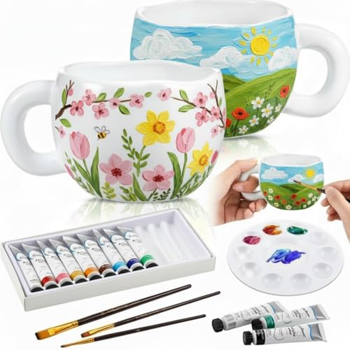 Image of Geiserailie Pottery Painting Kit for Adults, Paint Your Own Mug DIY Set with 2 Ceramic Mugs, 12 Acrylic Paints & Brushes Painting Gift for Easter Graduation Mother's Day Party(Petal-Shaped Mouth)