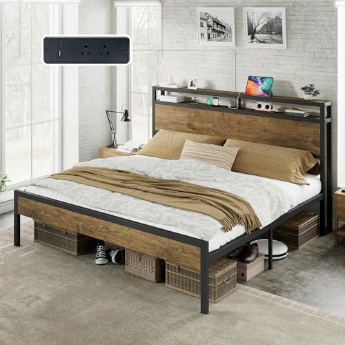 Image of AMERLIFE King Size Bed Frame with Storage Headboard & Charging Station, Industrial Metal Platform Bed with Large Under-Bed Storage, Heavy Duty Slats, No Box Spring Needed, Rustic Brown