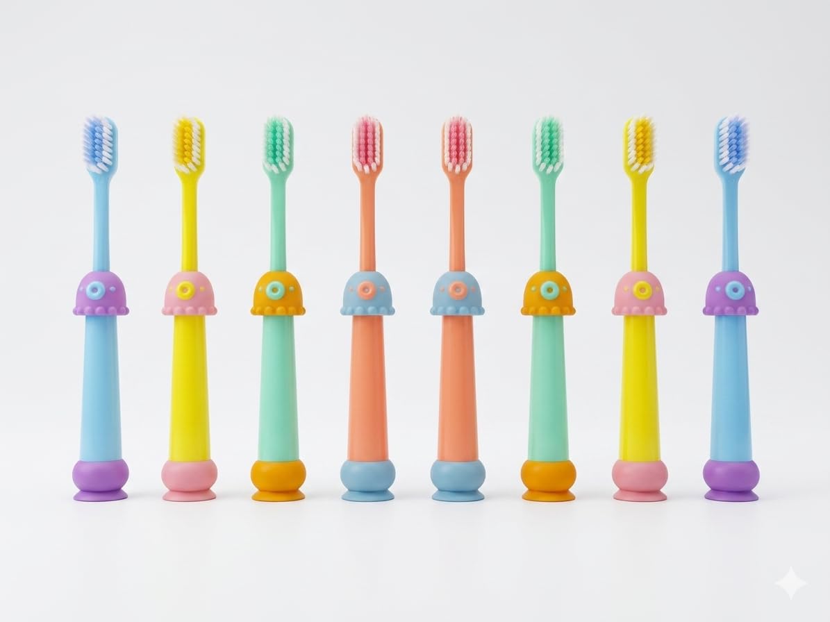 Kids Toothbrush Set with Suction Cup Stand, Monster Character Design, Soft Bristles, Multicolour, Pack of 8-image-3