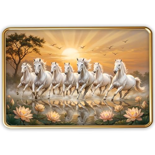Image of Dharvika Innovations Vastu 7 Seven Running Horse Photo Frame, Golden Slim Frame, Sparkle Coated Lamination, 30x45 cm (Design 7)