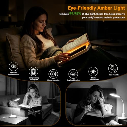 Image of Amber Book Light, Rechargeable Clear LED Flat Reading Light with 3 Colors & Timer, Dimmable Panel Plate Lamp Book Full Page Light for Reading in Bed at Night, Funny Gifts for Readers Book Lovers
