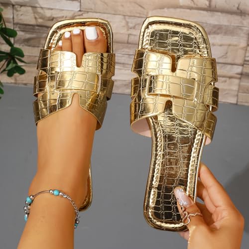 Image of Women's Dressy Casual Flat Sandals, Elegant Comfortable Slip-On Slides with Textured Upper, Versatile Dressy Style for Everyday Wear