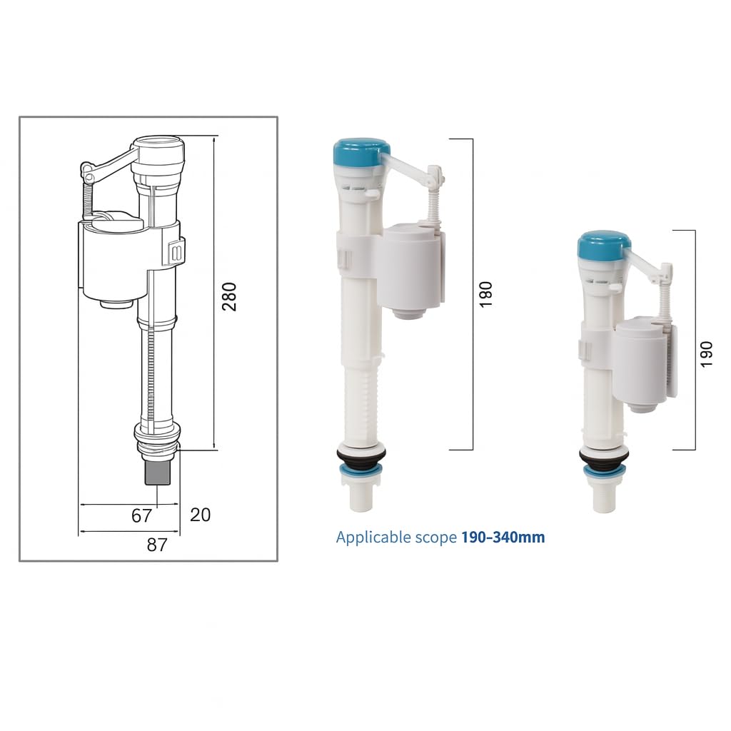 MASTER BATH Toilet Flush Tank Fill Valve, Toilet Cistern Water Inlet Valve Adjustable 7” to 10” Inch, Anti-Siphon Toilet Flush Tank Ball Cock Repair Kit 1