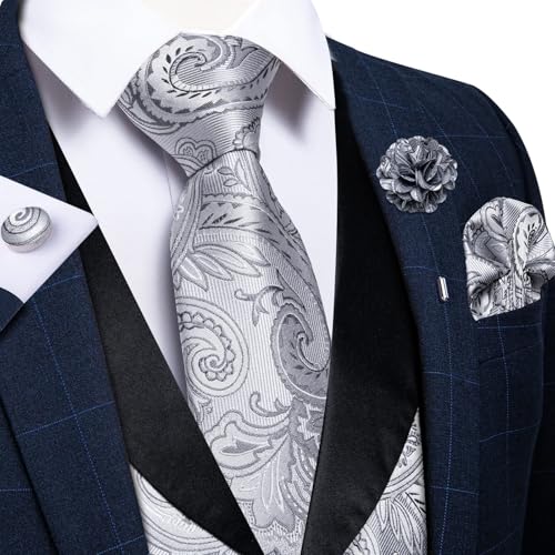 Image of DiBanGu Mens Paisley Suit Vest Silk Jacquard Waistcoat and Necktie Set Formal Shawl Collar Dress Vest 7PCS for Wedding Party