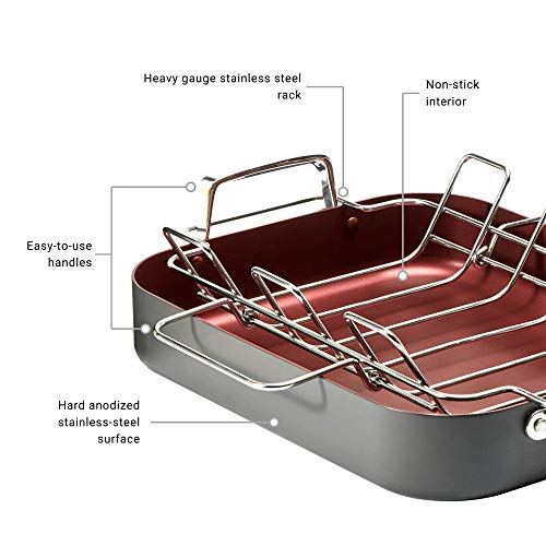Paderno Classic Hard Anodized Roaster with Rack | Rectangle 16x13-Inch Non-Stick Roasting Pan