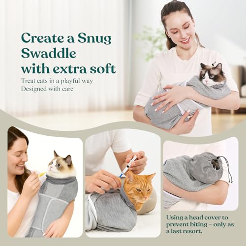Image of Supet Cat Grooming Wrap for Cutting Nails, Self-Adhesive Calm Cat Swaddle | Bite-Proof Mesh Hood & Thick Waist Strap Anti-Escape Anti-Scratch Bag for Nail Trimming, Medication, Ear Cleaning (Grey M)