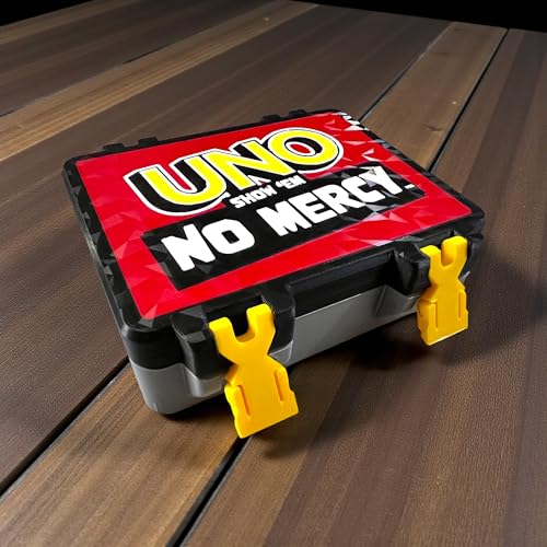 Image of Uno No Mercy Card Game Storage Box with Snap On Locks, Inner Tray, Multicolor, Durable (Gray Box + Original Card Deck)