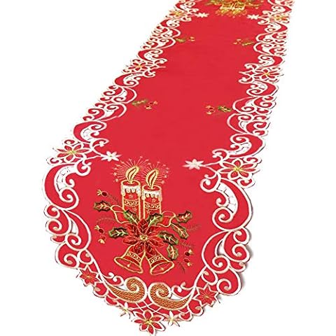 YOSICHY Christmas Embroidered Table Runner Luxury Poinsettia Candle and Holly Table Runner for Xmas Decorations 15x69 Inch (Red) Cover