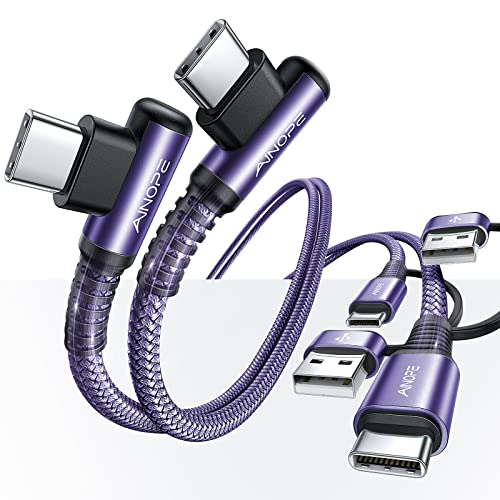 Image of AINOPE USB C Cale for iPhone 16 Charger Cord, 60W 4 in 1 Charging Cable for iPad and USB C Devices, Right Angle Type C Cord Carplay Cable Fit iPhone 16 Pro Series, 2 Pack 6.6Ft Purple