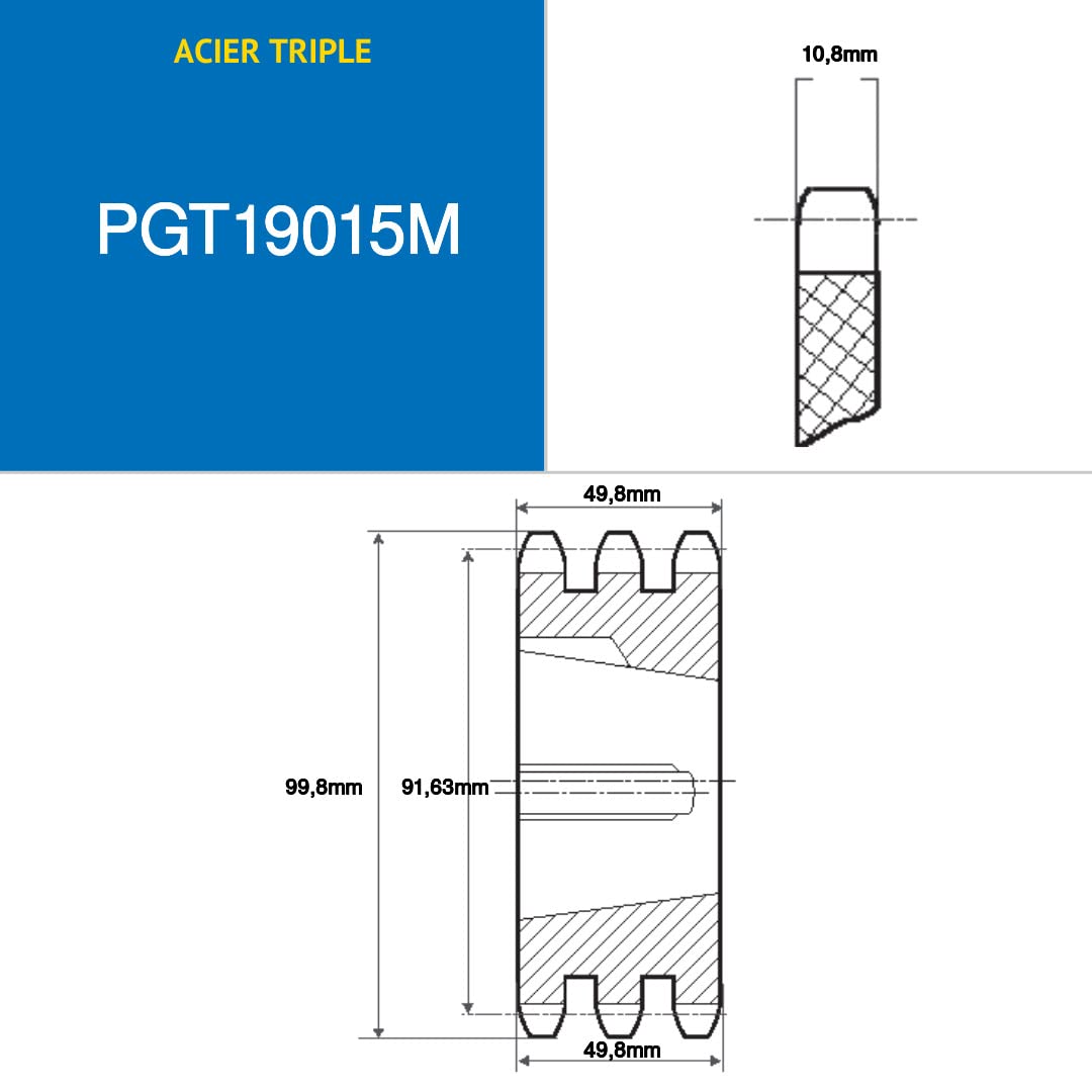 CMW - Piñones con cubo desmontable 1615 - Dentado triple - 12B3 - Norma ISO - Acero - 15 dientes - Paso 19,05 mm