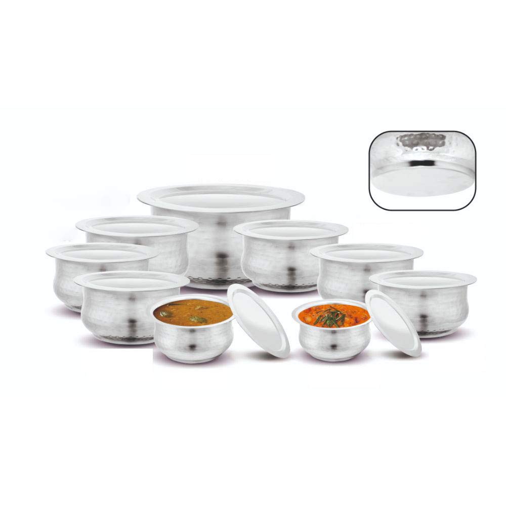 KLOUD9 Stainless Steel Hammered Induction Bottom Myra Tope Set with Lid - Pack of 9 pcs (Silver)