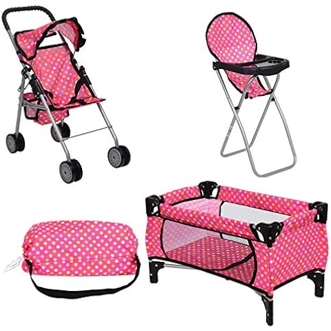 fash n kolor Doll Play Set 3 in 1 Doll Set, 1 Pack N Play. 2 Doll Stroller 3.Doll High Chair. Fits Up to 18'' Doll (Polka DOT) Cover