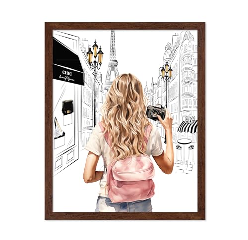 Image of Poster Master Fashion Poster - Lady With A Camera Print - Trendy Art - Paris Art - Modern Art - Gift for Women & Fashionista - Glamour Wall Decor for Bedroom or Girl's Room, 8x10 Brown Framed