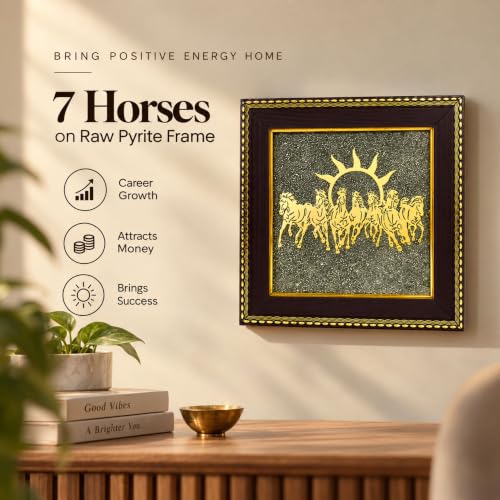 Image of 7 Horses on Raw Pyrite Frame, Vastu Wall Decor for Money & Success