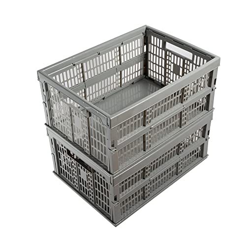 Folding Collapsible Plastic Storage Crates Boxes Stackable Basket Grey (Grey, Single)