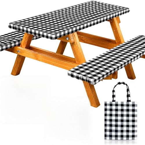 RNOONY Vinyl Fitted Picnic Table Cover with Bench...