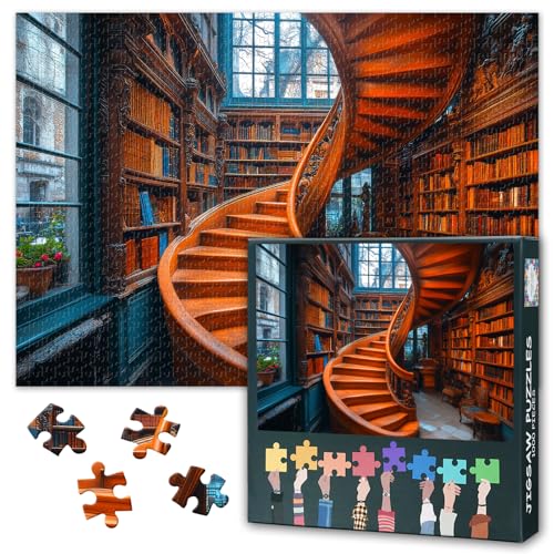 1000 Piece Puzzle for Adults, Jigsaw Puzzles Spiral Staircase in Antique Library,Bookshelves,Knowledge, Challenge Puzzles for Bibliophilia Gift 27.5x19.7 Inch